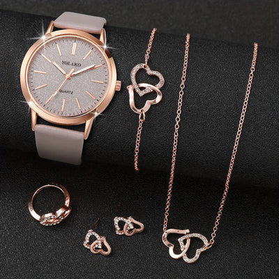 WOMEN’S WATCH CASUAL SHINY JEWELLERY SET HEART SHAPE- 6 PCS/Set - Gold