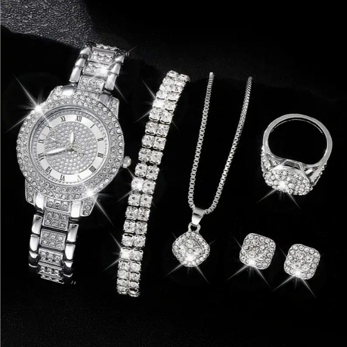 WOMEN’S JEWELLERY SET, WATCH ELEGANT BUTTERFLY QUARTZ WATCH, 6PCS/SET - Silver