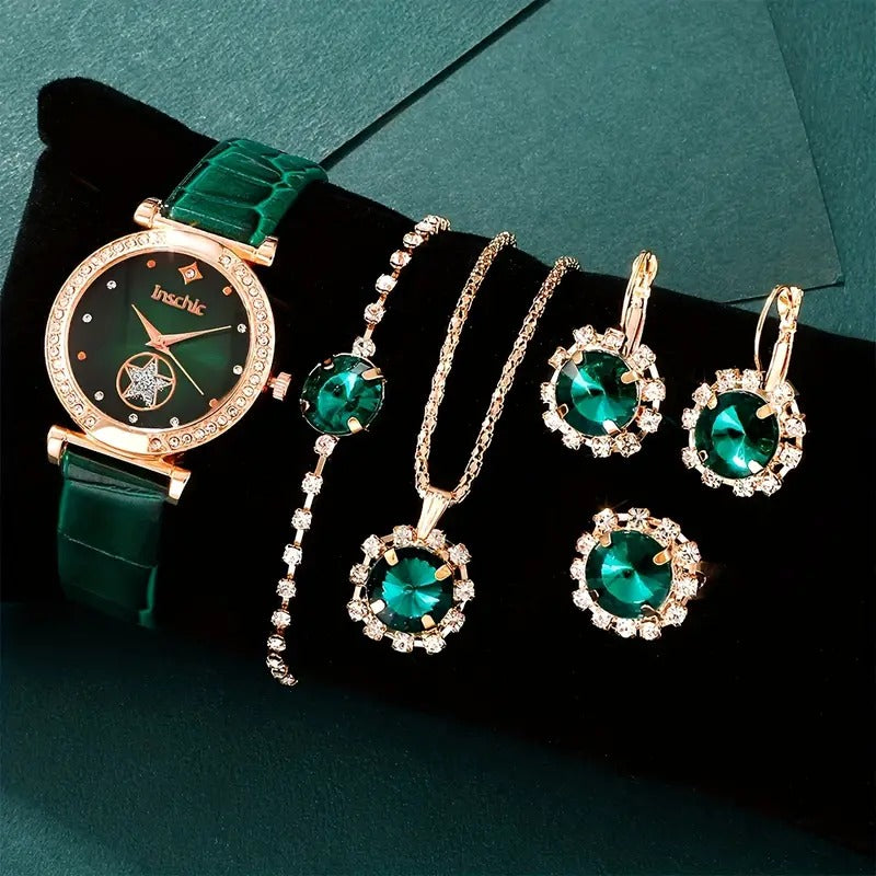 WOMEN’S JEWELLERY SET, WATCH ELEGANT BUTTERFLY QUARTZ WATCH, 6PCS/SET - Green